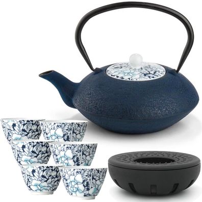Teekanne Set 1.2 L blau Asia Gusskanne Untersetzer Gusseisen & 6 Porzellanbecher