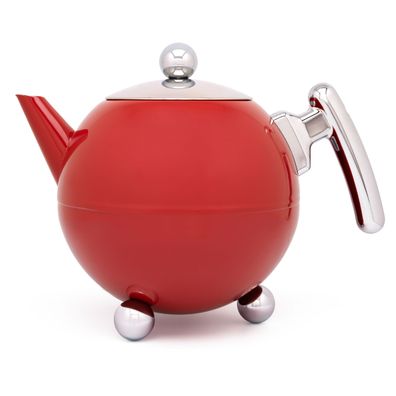 Teekanne Edelstahl rot 1.2 Liter Isolier-Kugel-Kanne doppelwandiger Teebereiter