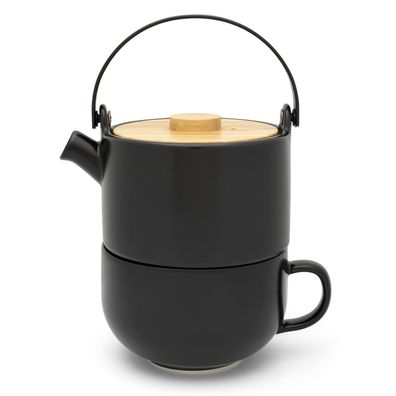 Teekannen Set 0.5 Liter schwarz 2-tlg. Keramik stapelbar Teetasse Steingutkanne
