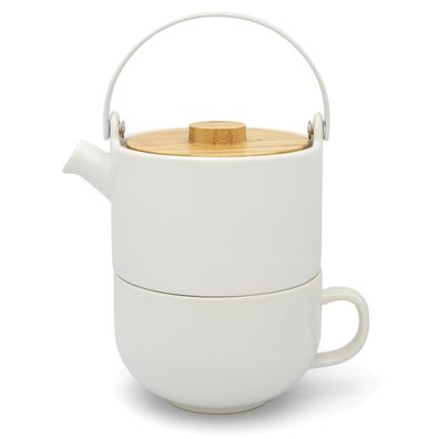 Teekannen Set 0.5 Liter weiss 2-teilig Keramik stapelbar Teetasse Steingutkanne