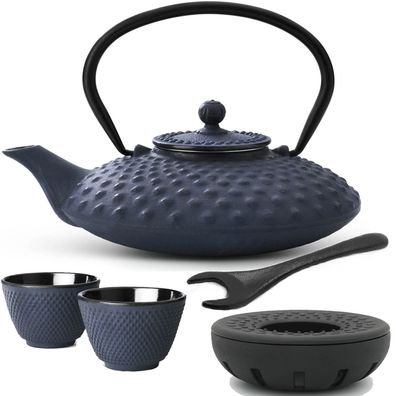 Teekannen Set blau Asia Gusseisen 0.8 Liter Gusskanne Teewärmer & 2 Tee-Becher