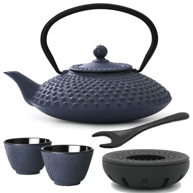 Teekannen Set blau Asia Gusseisen 1.25 Liter Gusskanne Teewärmer & 2 Tee-Becher