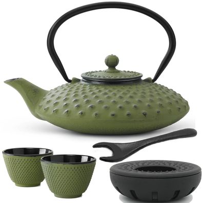 Teekannen Set grün Asia Gusseisen 0.8 Liter Gusskanne Teewärmer & 2 Tee-Becher