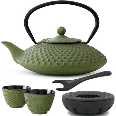 Teekannen Set grün Asia Gusseisen 1.25 Liter Gusskanne Teewärmer & 2 Tee-Becher