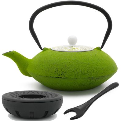 große grüne asiatische gusseiserne Teekanne 1.2 Liter & Stövchen & Deckelheber