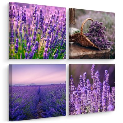 Leinwandbilder Set Aufhängefertig 4 Bilder Lavendel Lavendelfeld Blumen Natur 3D