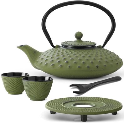 Asia Teekannen Set 0.8 Liter Gusseisen grün Untersetzer Deckelheber 2 Tee-Tassen