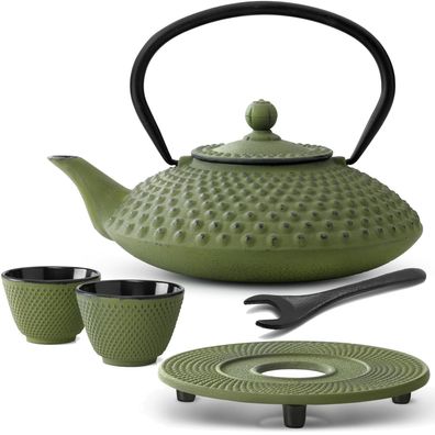 Asia Teekannen Set 1.25 Liter Gusseisen grün Untersetzer Deckelheber 2 Teetassen