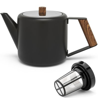 Edelstahl Teekanne 1.1 L & Teefilter-Sieb schwarze Kanne mit Griff in Holzoptik