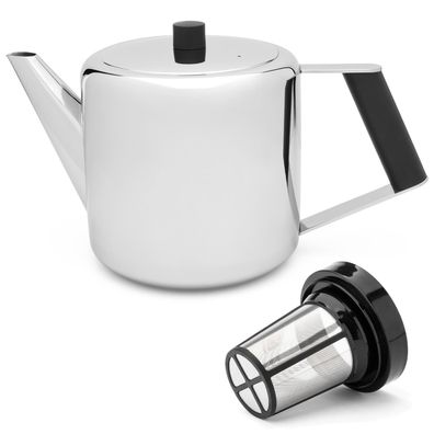 Edelstahl Teekanne 1.1 Liter & Teefilter-Sieb silberne Kanne mit schwarzem Griff