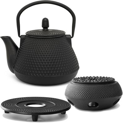 Gusseisen Teekanne Set 0.8 Liter Gusskanne & Untersetzer Tee-Filter & Teewärmer