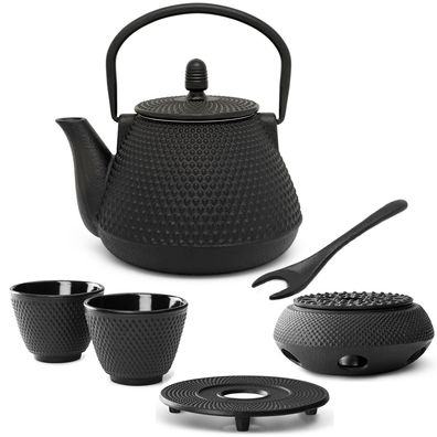Teekannen Set 0.8 L Gusseisen schwarz Teeservice Untersetzer Stövchen & 2 Becher