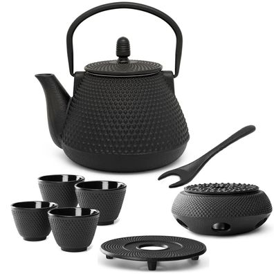 Teekannen Set 0.8 L Gusseisen schwarz Teeservice Untersetzer Stövchen & 4 Becher