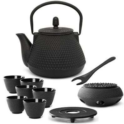 Teekannen Set 0.8 L Gusseisen schwarz Teeservice Untersetzer Stövchen & 6 Becher