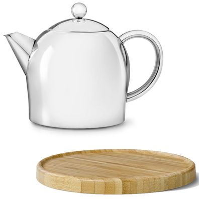 Teekanne Set 0.5 L Edelstahl Glanz doppelwandig Kanne & Holz Untersetzer braun