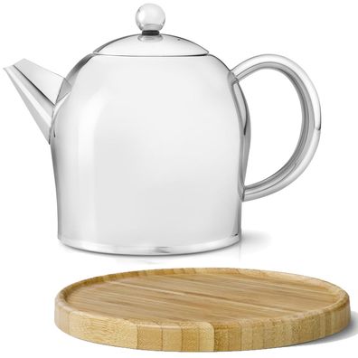 Teekanne Set 1.0 L Edelstahl Glanz doppelwandig Kanne & Holz Untersetzer braun