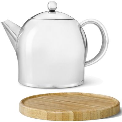 Teekanne Set 1.4 L Edelstahl Glanz doppelwandig Kanne & Holz Untersetzer braun