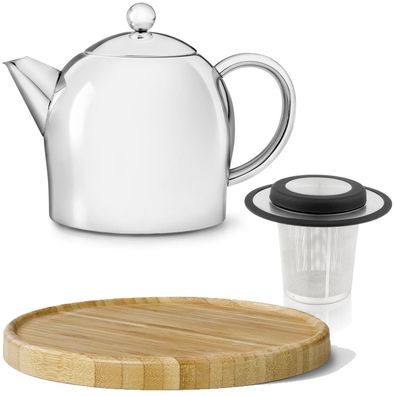 Teekanne Set 0.5 L Edelstahl Glanz doppelwandig Holz Untersetzer braun & Filter