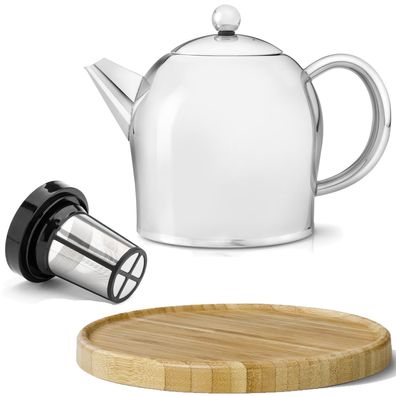 Teekanne Set 1.0 L Edelstahl Glanz doppelwandig Holz Untersetzer braun & Filter