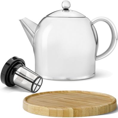 Teekanne Set 1.4 L Edelstahl Glanz doppelwandig Holz Untersetzer braun & Filter