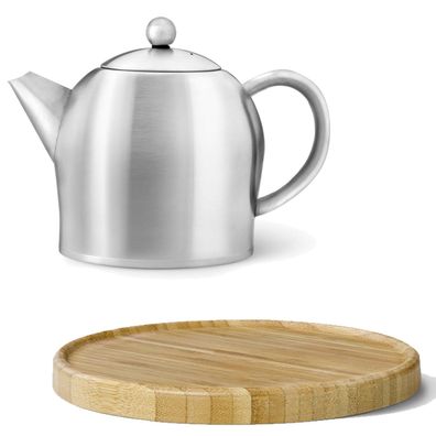 Teekanne Set 0.5 L Edelstahl matt doppelwandige Kanne & Holz Untersetzer braun