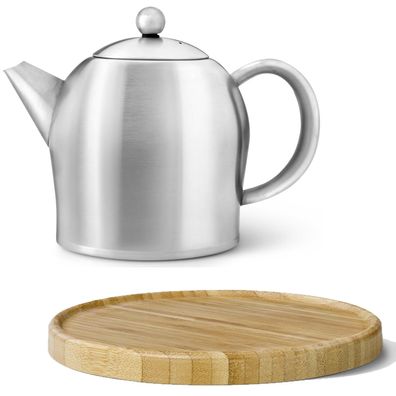 Teekanne Set 1.0 L Edelstahl matt doppelwandige Kanne & Holz Untersetzer braun