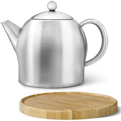 Teekanne Set 1.4 L Edelstahl matt doppelwandige Kanne & Holz Untersetzer braun