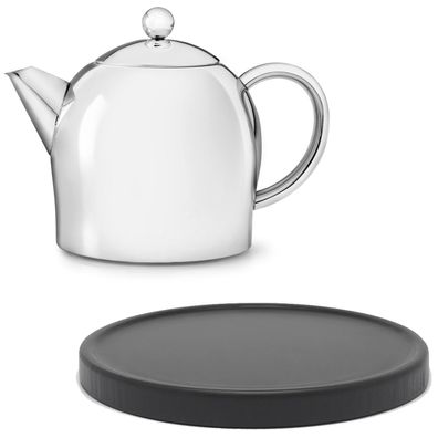 Teekanne Set 0.5 L Edelstahl Glanz doppelwandig Kanne & Holz Untersetzer schwarz