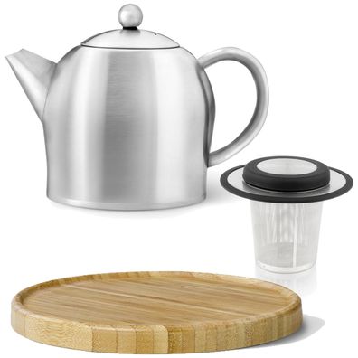 Teekanne Set 0.5 L Edelstahl matt doppelwandig Holz Untersetzer braun & Filter