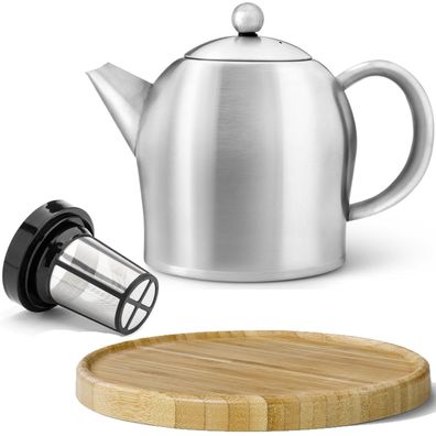 Teekanne Set 1.0 L Edelstahl matt doppelwandig Holz Untersetzer braun & Filter