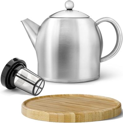 Teekanne Set 1.4 L Edelstahl matt doppelwandig Holz Untersetzer braun & Filter