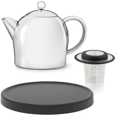 Teekanne Set 0.5L Edelstahl Glanz doppelwandig Holz Untersetzer schwarz & Filter