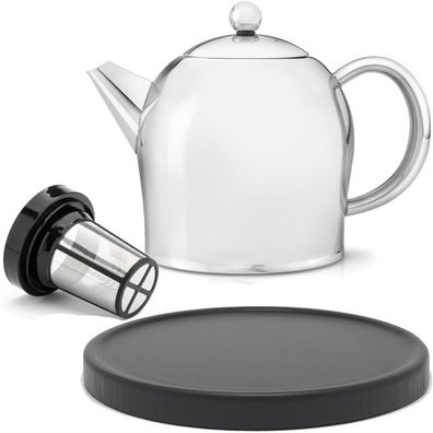 Teekanne Set 1.0L Edelstahl Glanz doppelwandig Holz Untersetzer schwarz & Filter