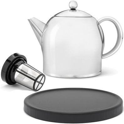 Teekanne Set 1.4L Edelstahl Glanz doppelwandig Holz Untersetzer schwarz & Filter