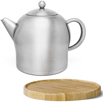 Teekanne Set 2.0 L Edelstahl matt doppelwandig Kanne mit Holz Untersetzer braun