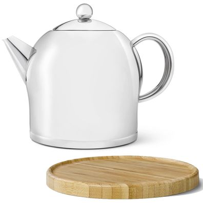 Teekanne Set 2.0 L Edelstahl Glanz doppelwandig Kanne mit Holz Untersetzer braun