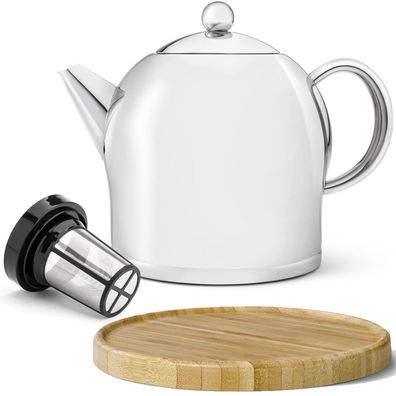 Teekanne Set 2.0 L Edelstahl Glanz doppelwandig Holz Untersetzer braun & Filter