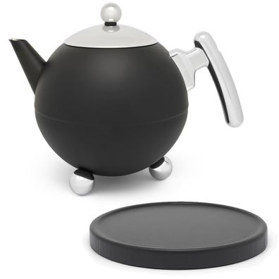 Teekanne 1.2 Liter Edelstahl doppelwandige schwarze Kanne mit Holz-Untersetzer