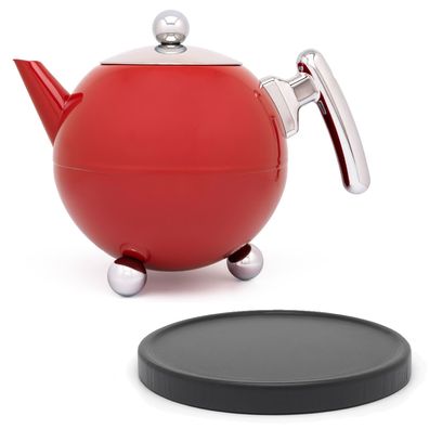 Teekanne 1.2 Liter Edelstahl doppelwandig rote Kanne & Holz-Untersetzer schwarz