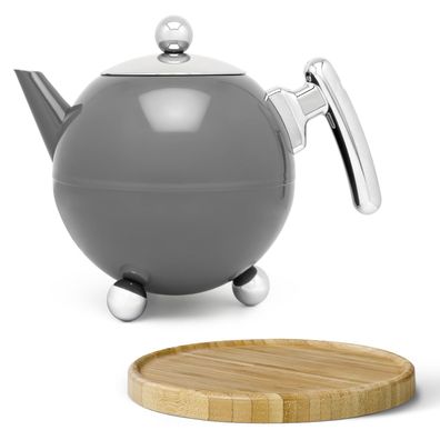 Teekanne 1.2 Liter Edelstahl doppelwandig graue Kanne mit Holz-Untersetzer braun
