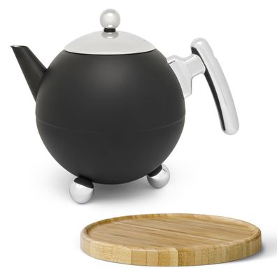 Teekanne 1.2 Liter Edelstahl doppelwandige Kanne schwarz & Holzuntersetzer braun