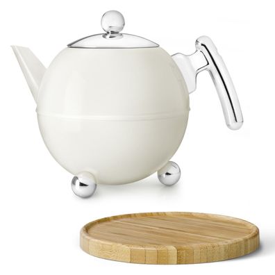 Teekanne 1.2 Liter Edelstahl doppelwandig creme-weiß Kanne Holzuntersetzer braun