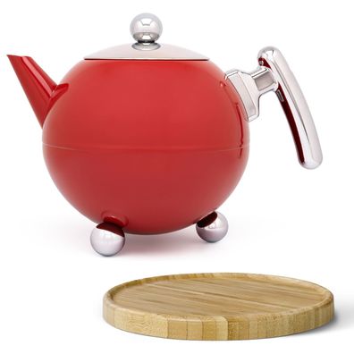 Teekanne 1.2 Liter Edelstahl doppelwandige rote Kanne mit Holz-Untersetzer braun