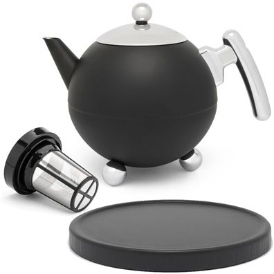 Teekannen Set 1.2 L Edelstahl schwarze Isolier-Kanne Teefilter Holz-Untersetzer