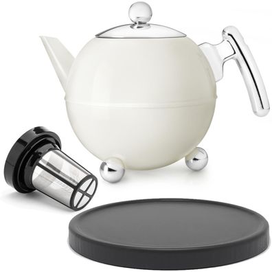 Teekannen Set 1.2L Edelstahl creme Isolier-Kanne Filter Holz-Untersetzer schwarz