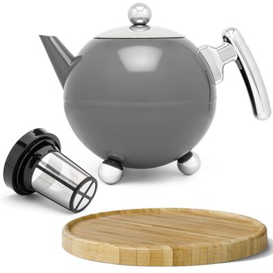 Teekannen Set 1.2 L Edelstahl grau Isolier-Kanne Filter & Holz-Untersetzer braun