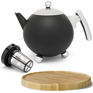 Teekanne Set 1.2 L Edelstahl schwarz Isolier-Kanne Filter Holz-Untersetzer braun