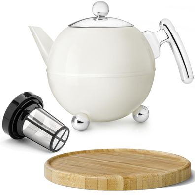 Teekanne Set 1.2 L Edelstahl creme Isolier-Kanne Filter 6 Holz-Untersetzer braun