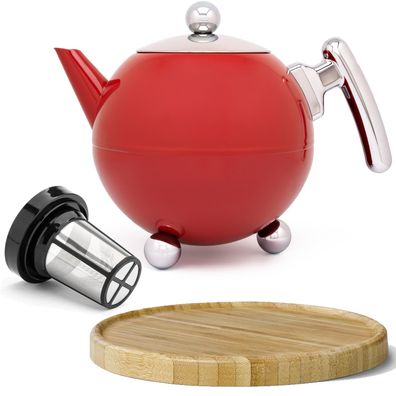 Teekannen Set 1.2 L Edelstahl rot Isolier-Kanne Filter & Holz-Untersetzer braun