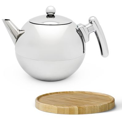 Teekanne 1.2 Liter doppelwandige Glanz Edelstahlkanne & Holz-Untersetzer braun